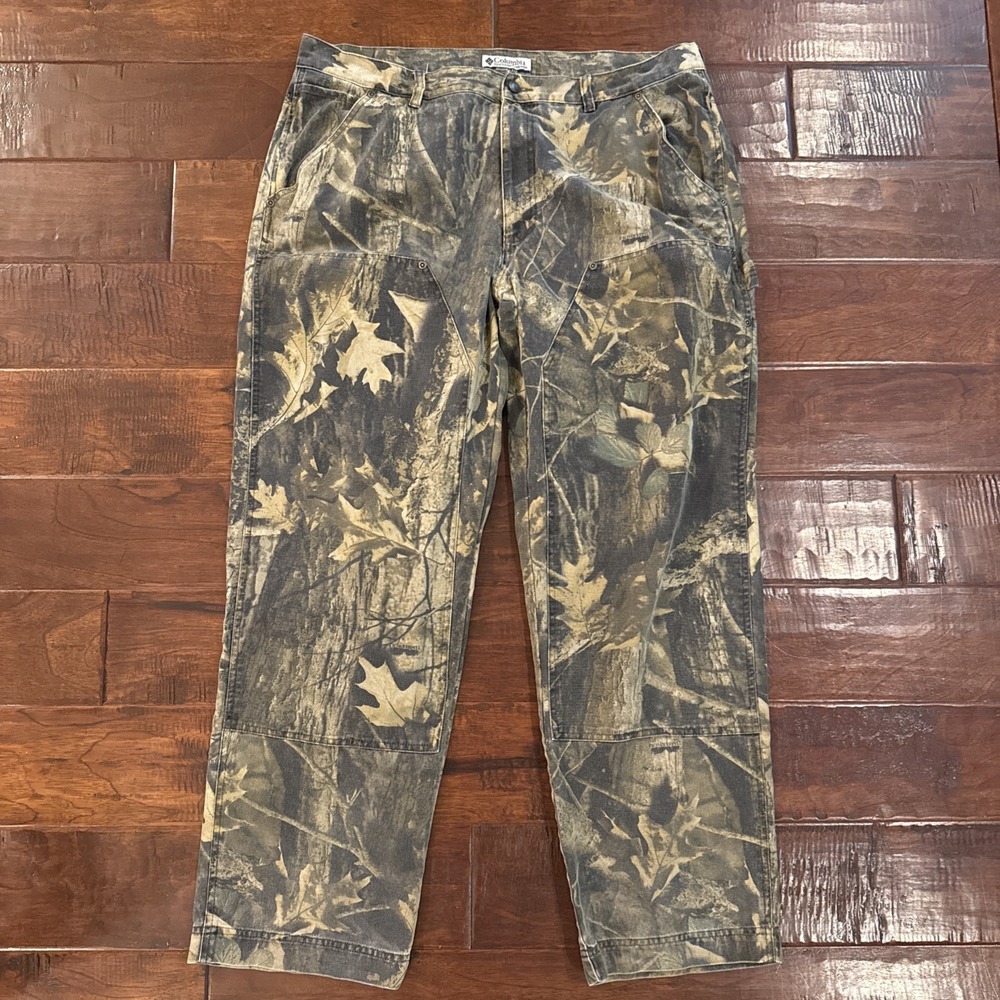 Columbia Camo Canvas Dbl Knee Pants Size 40x31 Hunting Timberwolf Outdoor Cotton